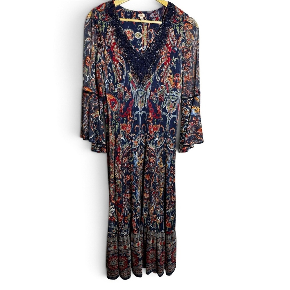 Reba Maxi Dress Women S Navy Multicolor Paisley Beaded Bell Sleeve Boho